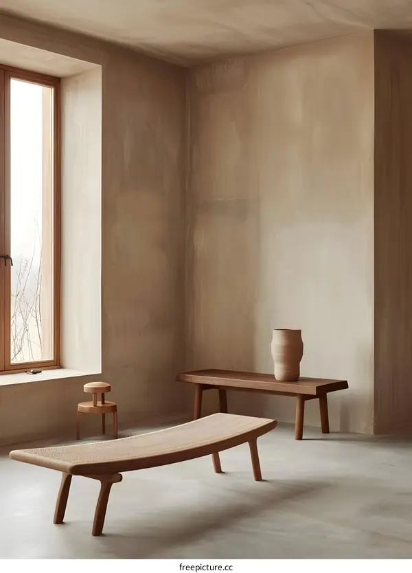 Minimalist Living Room Interior Design With Wooden Benches And Beige Walls