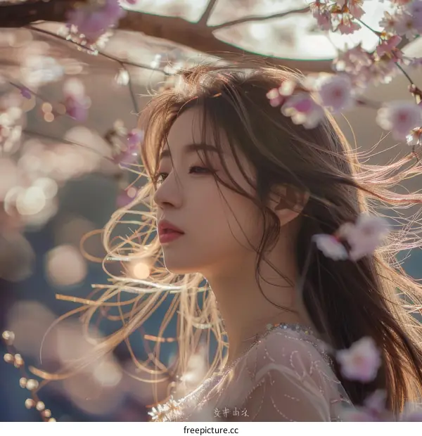 Portrait of a beautiful Asian woman in a pink dress standing in a field of cherry blossoms