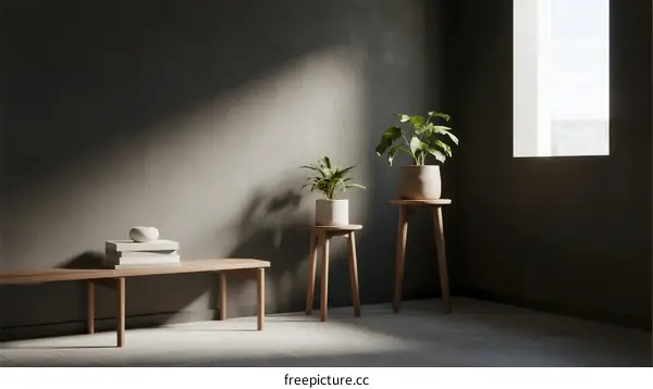 Minimalist indoor space with wooden furniture and potted plants
