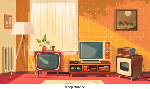 Vintage Living Room with Televisions and Lamp