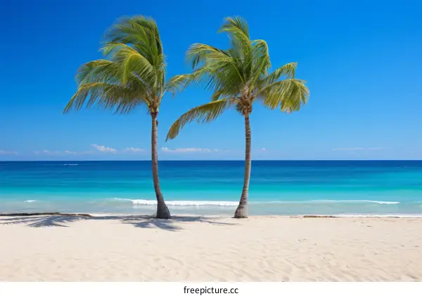 Two palm trees on a beach with white sand and blue ocean