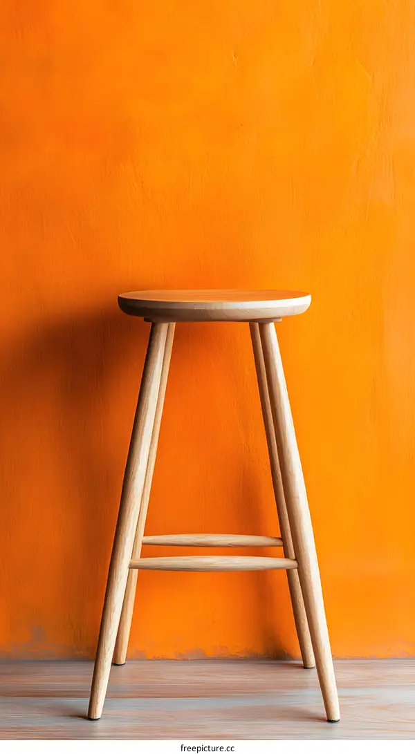 Wooden Stool Against Orange Wall