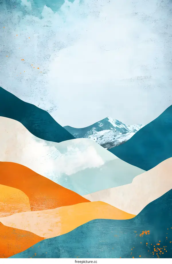 Abstract Mountain Landscape Illustration with Blue, White, and Orange Colors