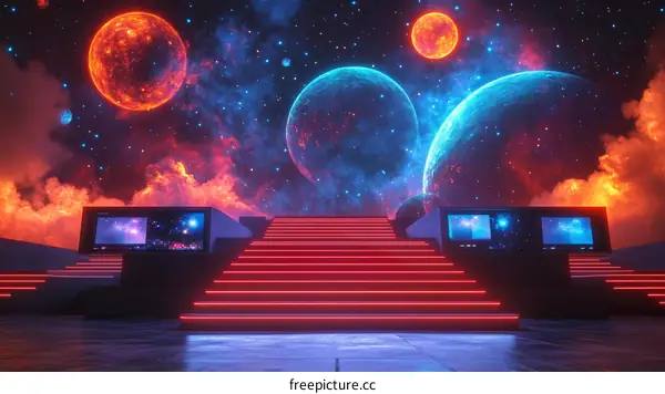 Neon Red Steps to Space Illustration