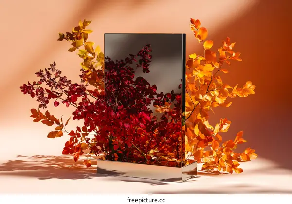 Autumn Leaves and Mirror Reflection on Orange Background