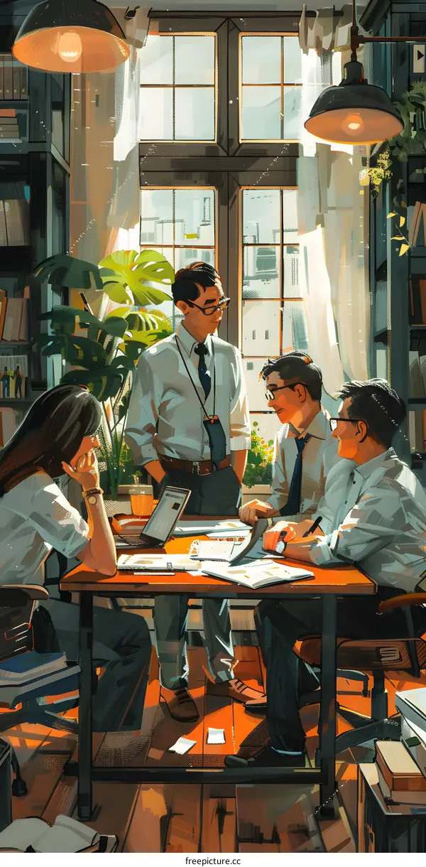 Four people in an office are discussing work