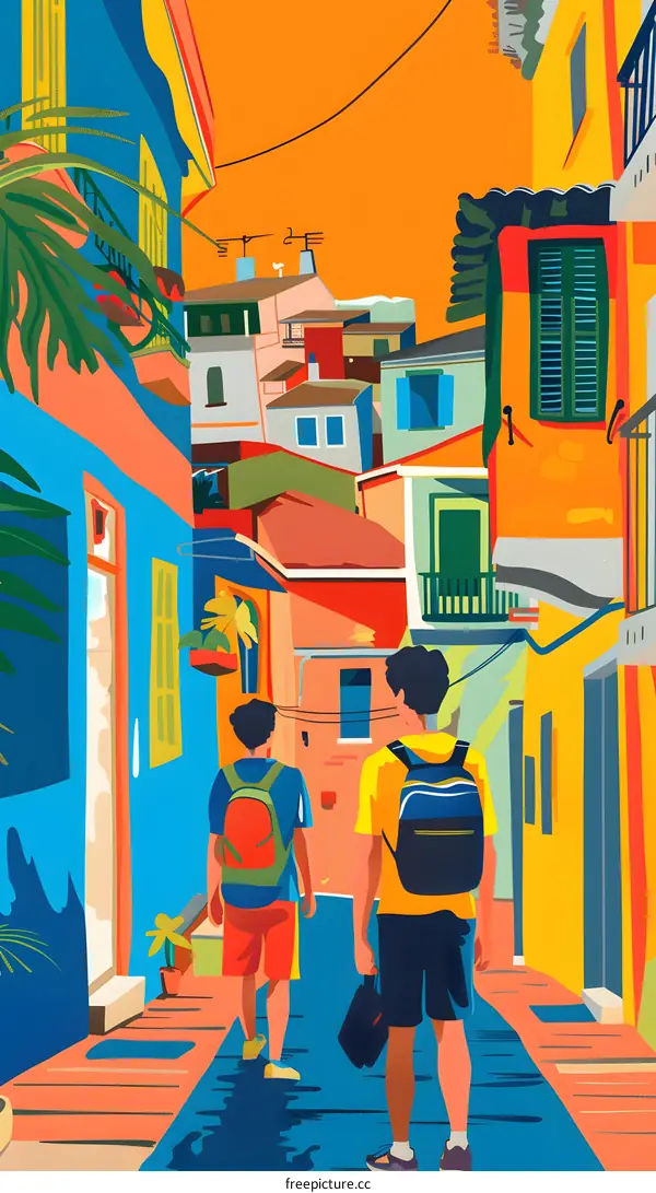 Two People Walking Down a Narrow Street in a Colorful Town