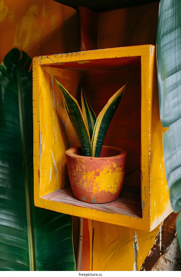 Green Plant in a Yellow and Red Wooden Frame