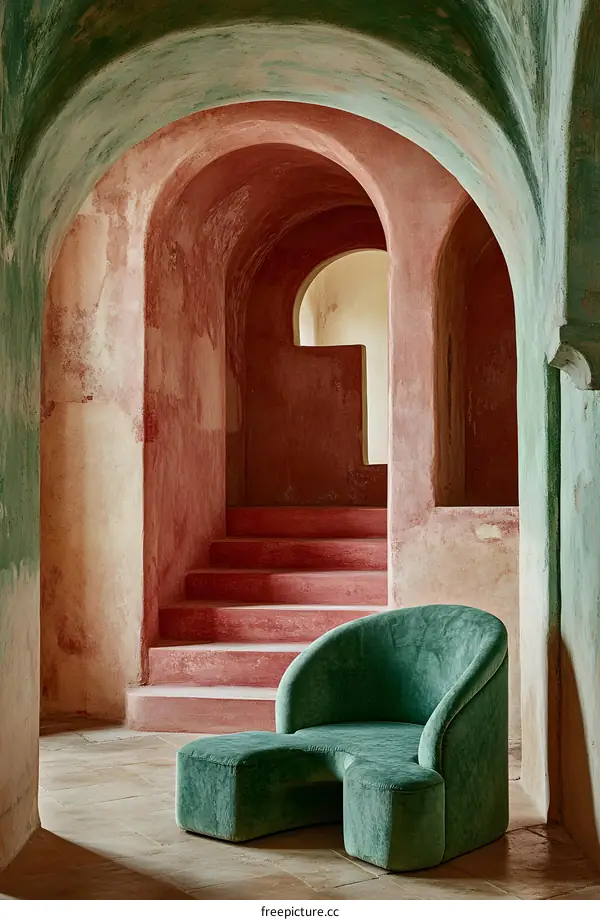 Green Velvet Chair in Archway with Pink Walls