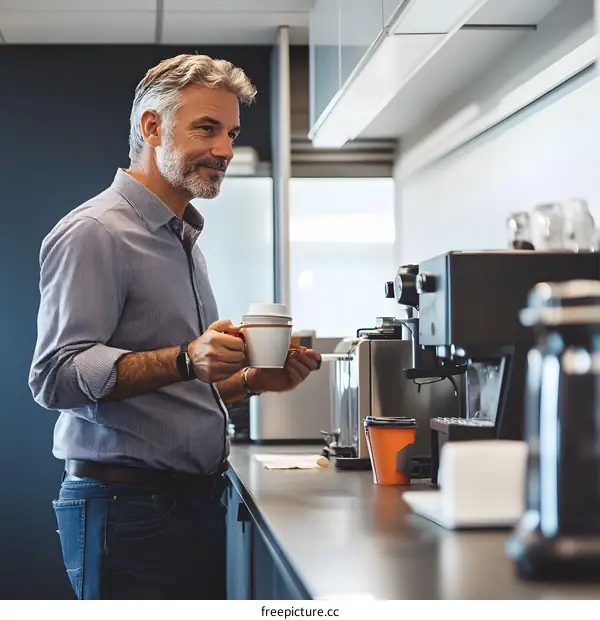 Man Holding a Cup of Coffee Near a Coffee Machine in an Office Kitchen