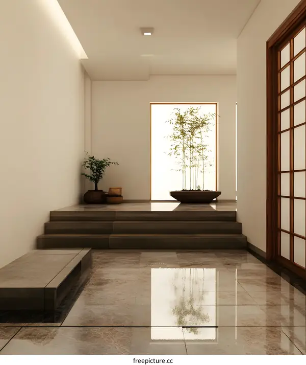 Minimalist Japanese Style Interior Design with Bamboo Plants and Stone Steps
