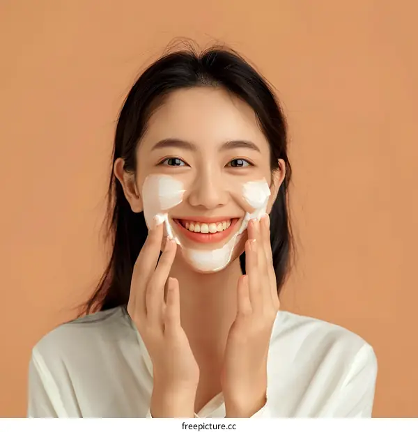 Smiling Asian Woman Washing Face With Facial Cleanser