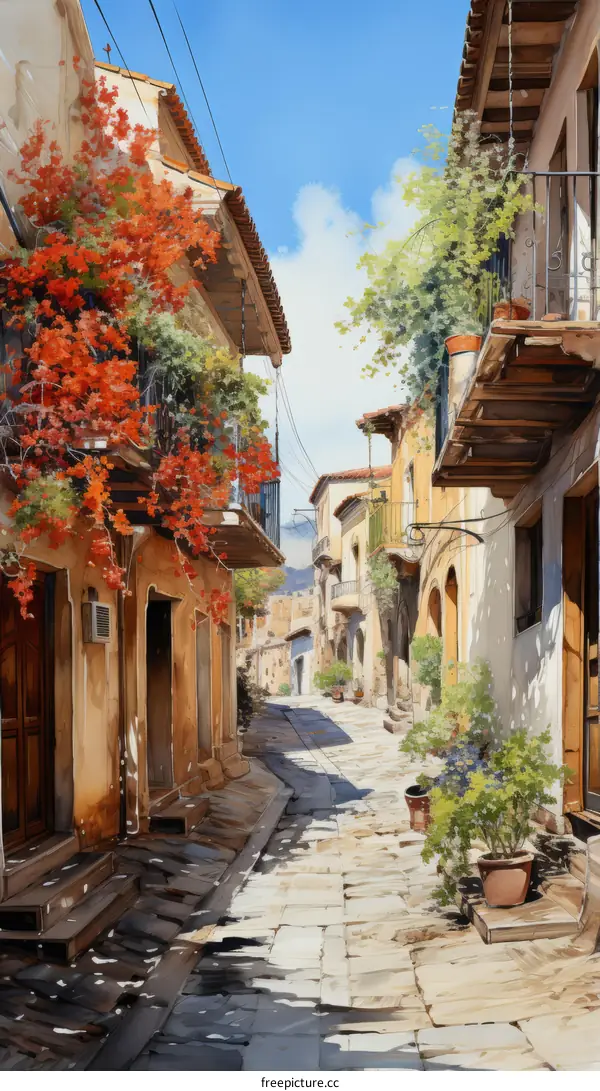 A narrow street with stone buildings and colorful flowers