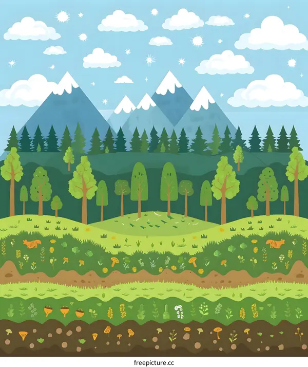 Mountain Forest Landscape with Green Trees, Grass, and Flowers