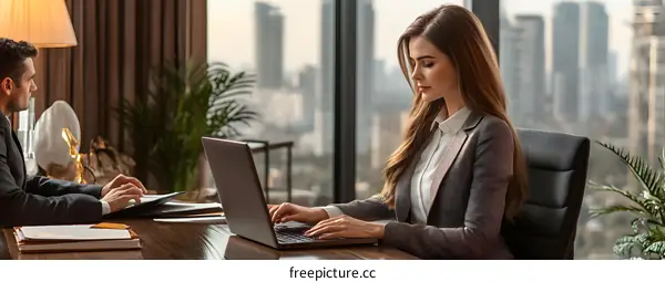 Businesswoman Working on Laptop in Modern Office