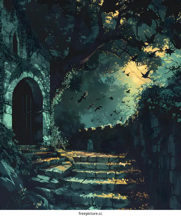 Ancient Stone Gateway in a Dark Forest