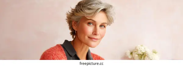 Mature Woman with Stylish Gray Hair and a Soft Smile