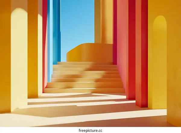 Abstract Stairway with Colorful Columns and Sunbeams
