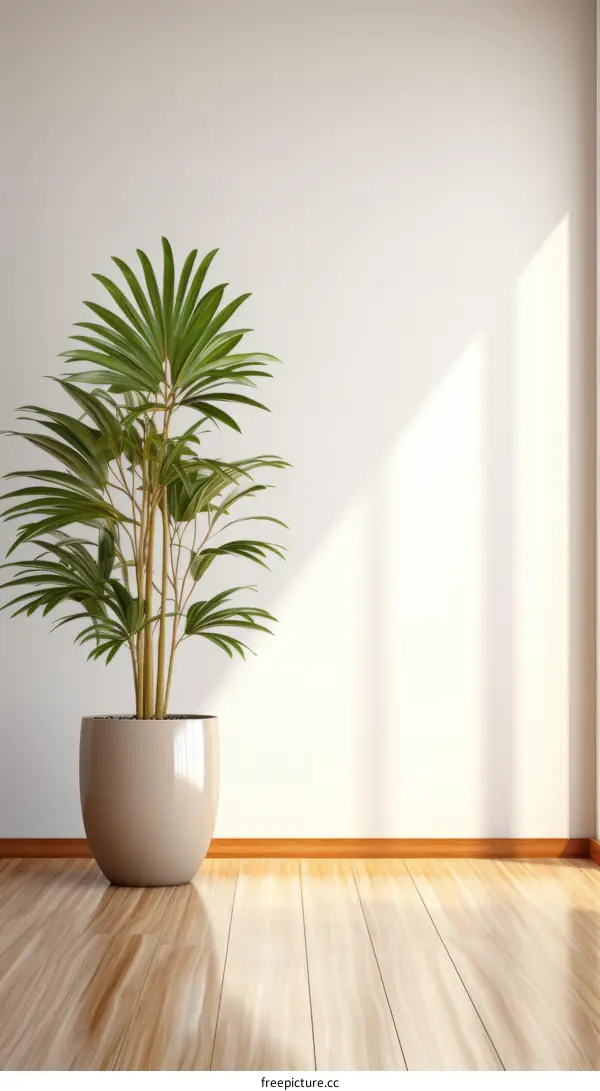 Indoor potted plant in front of the wall with sunlight and shadow on the floor