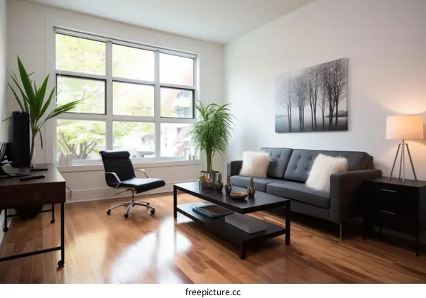 A modern living room with a large window, a gray sofa, and a coffee table