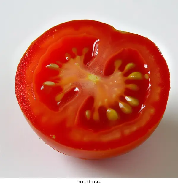 A cross section of a tomato shows its juicy interior