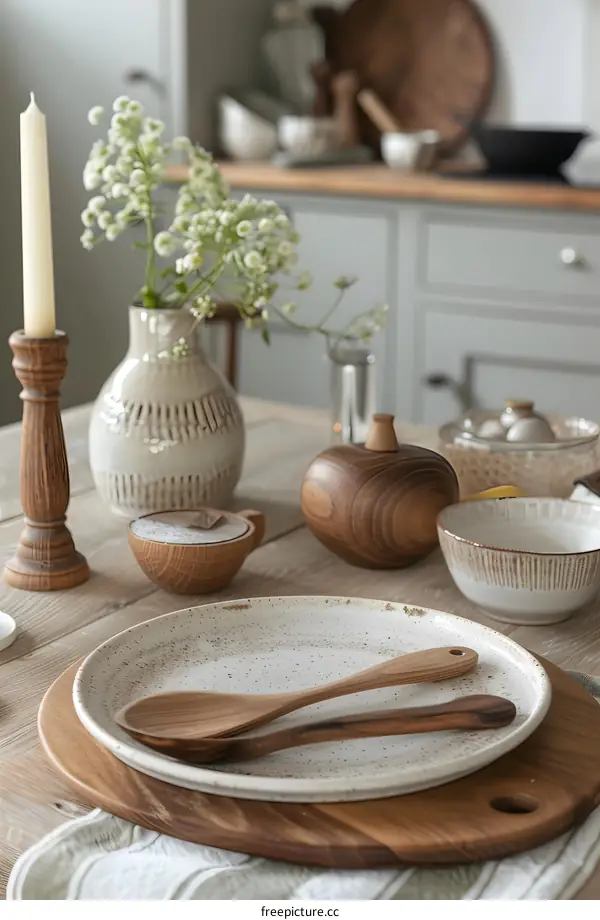 Wooden Kitchen Utensils with White Plate on a Wooden Table