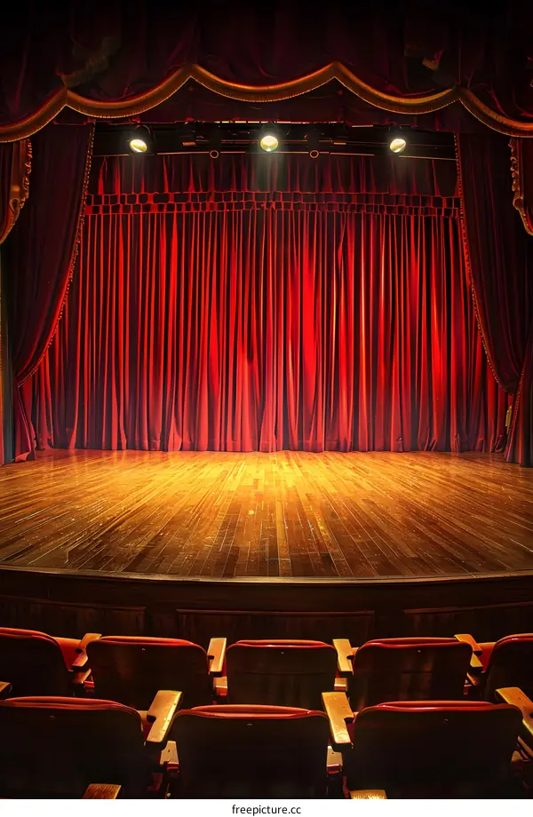 Empty Stage With Red Curtains and Wooden Floor