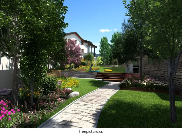 Stone Pathway Leading Through Lush Green Garden With Blooming Flowers