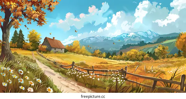 Autumn Landscape With Farmhouse And Mountains