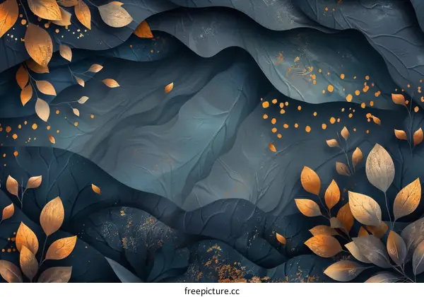 Golden Leaves Abstract Illustration Dark Blue Background