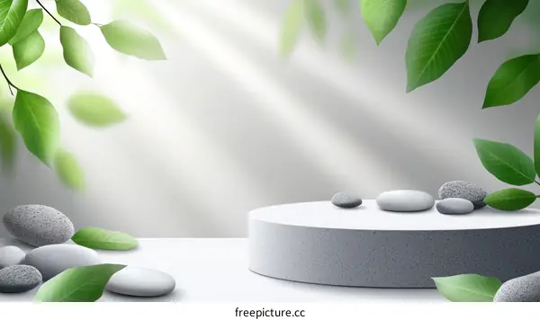 Elegant Natural Product Display with Stones and Leaves