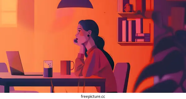 Woman Sitting At Desk With Laptop, Orange And Pink Colors Illustration