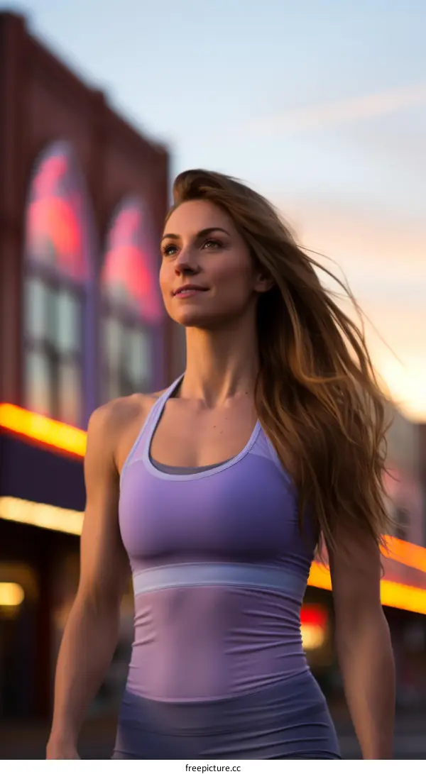 Portrait of a young woman with long blond hair wearing a purple sports bra and black running shorts standing in front of a brick building