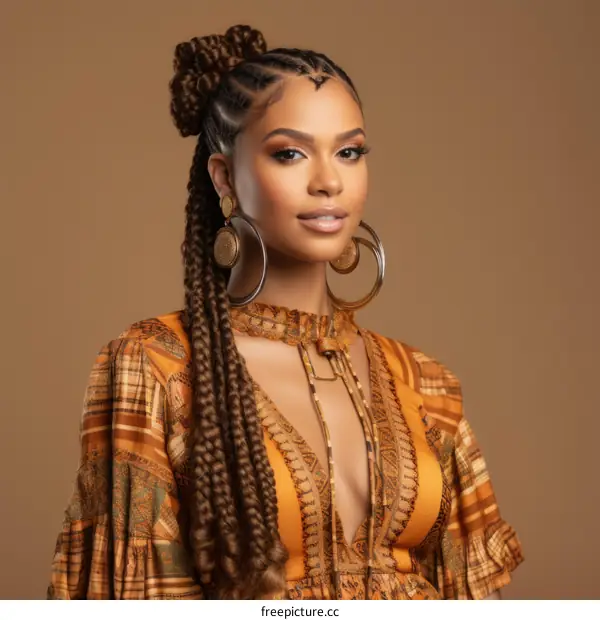 portrait of a beautiful black woman with long braided hair wearing a brown patterned dress