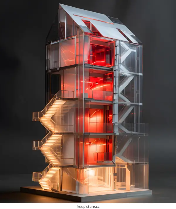 Glass Building Model With Red Lights
