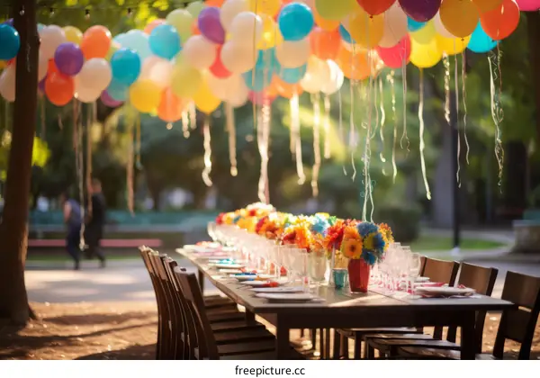 Outdoor party with a table full of food and drinks