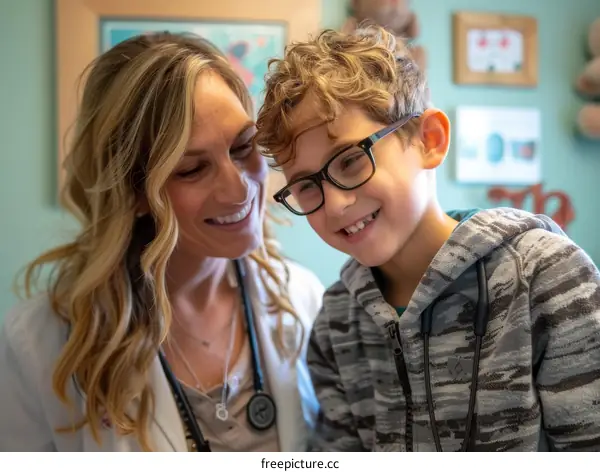Pediatrician and young patient smiling together