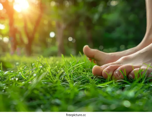 A Person's Bare Feet on Green Grass