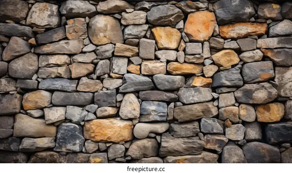A stone wall with different colored rocks