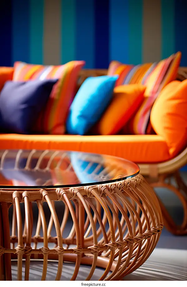 A stylish living room with a comfortable couch and a glass table