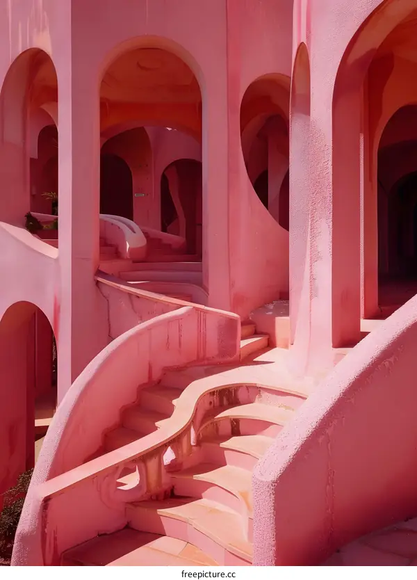 Pink Concrete Building with Arched Windows and Stairs