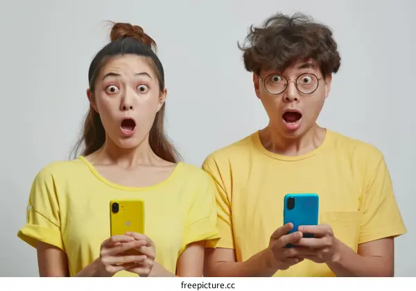 Two people looking at their phones with shocked expressions
