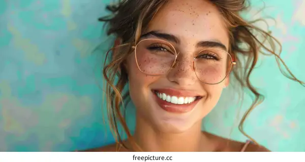 Smiling Woman with Glasses and Freckles against Teal Background