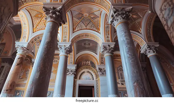 Ornate Interior Of A Historic Building With Marble Columns