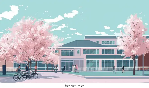 Springtime at the Library Building with Cherry Blossoms and People