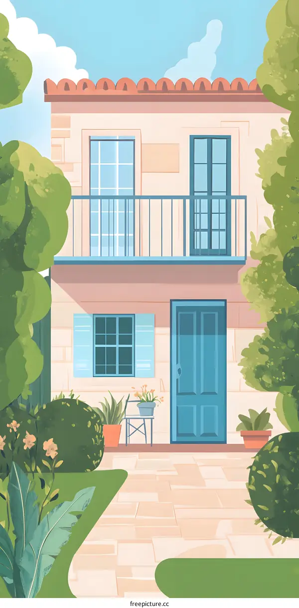 Illustration of a Two Story House with a Balcony
