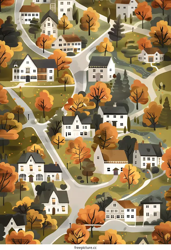 Autumn Village Illustration with Houses and Trees