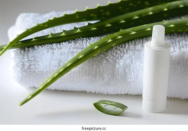 Aloe Vera Plant with White Towel and Bottle