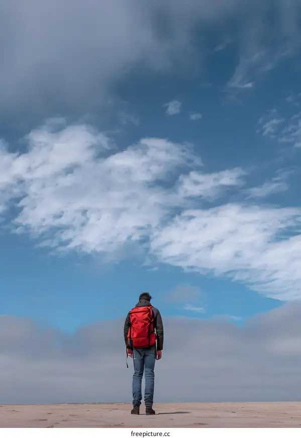 Man Standing Alone in a Desert with a Backpack and Clouds