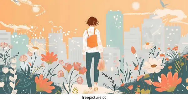 Woman in a City with Flowers